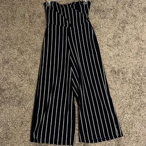 navy and white striped strapless jumpsuit